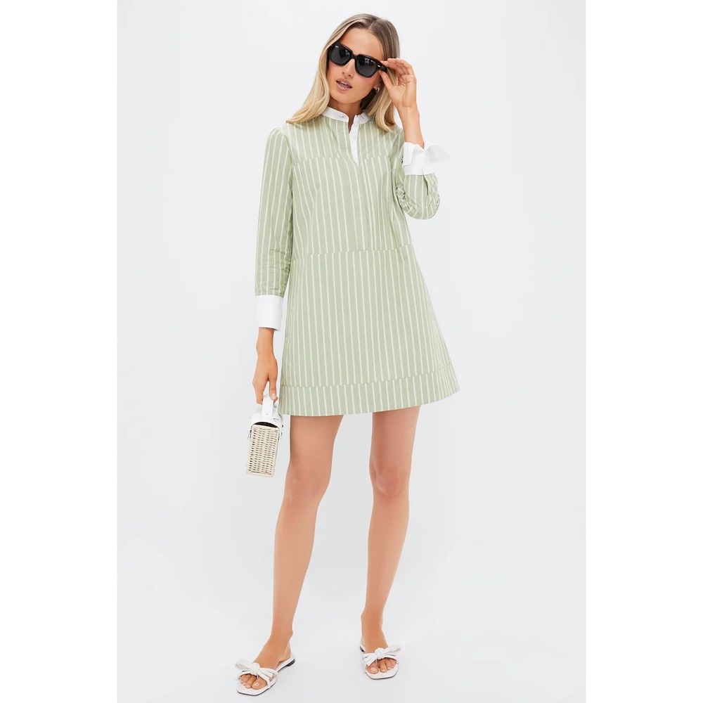 Pomander Place Green Striped Cotton Mini Shirt Dress Mandarin Collar Womens M